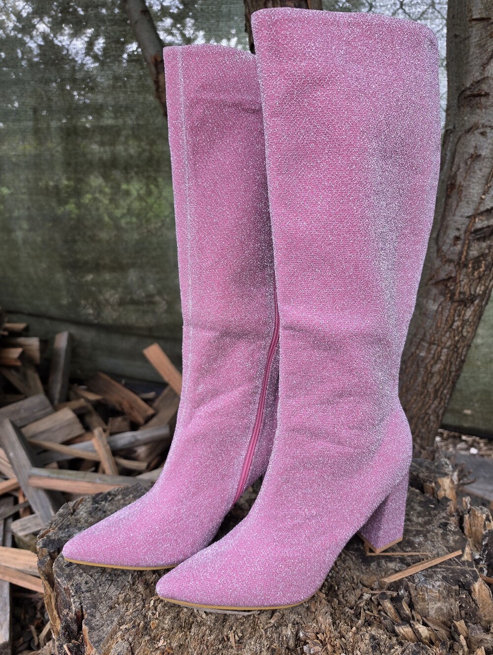 Pink Glitter Knee-High Boots Glam Rock Disco Retro-Futurism Barbiecore Y2K